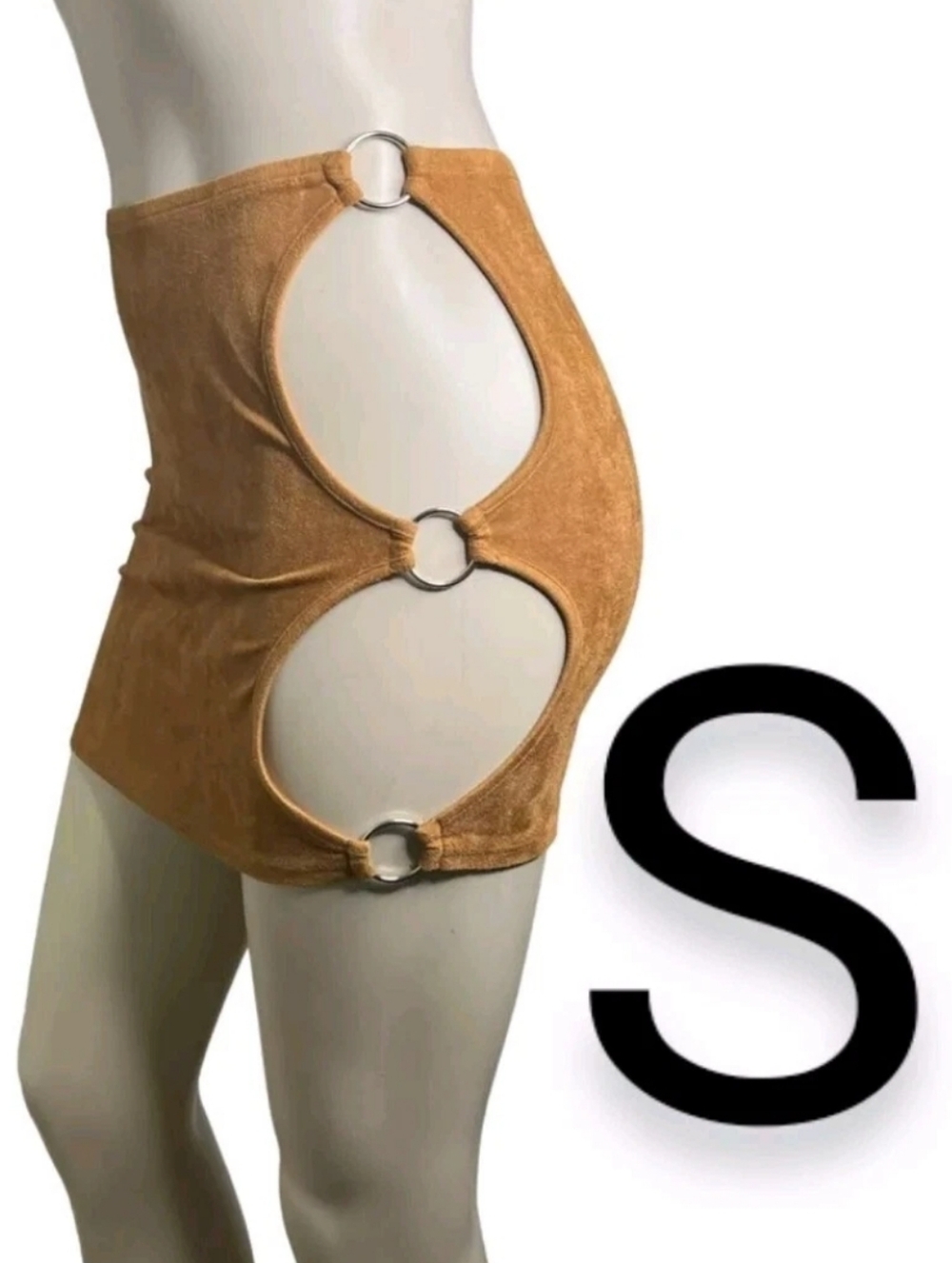 🆕Tan Suede O-Ring Cut Out Detail Mini Skirt~Size S